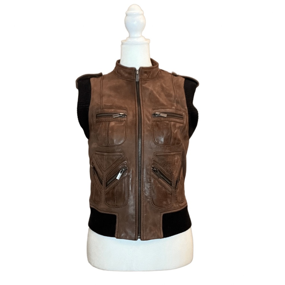 BCBGMaxAzria Leather Motorcycle Vest in Cocoa
